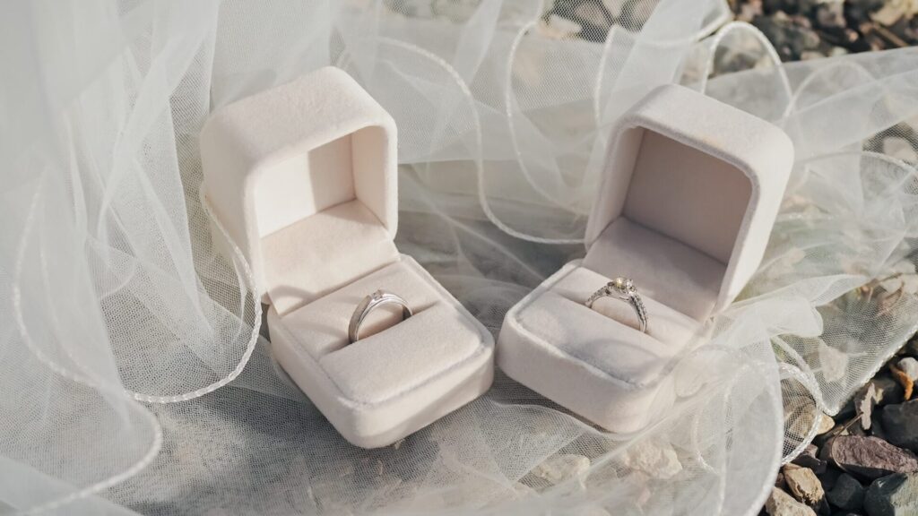 Wedding rings sitting stationary on the rocks at a wedding in La Crosse, WI.