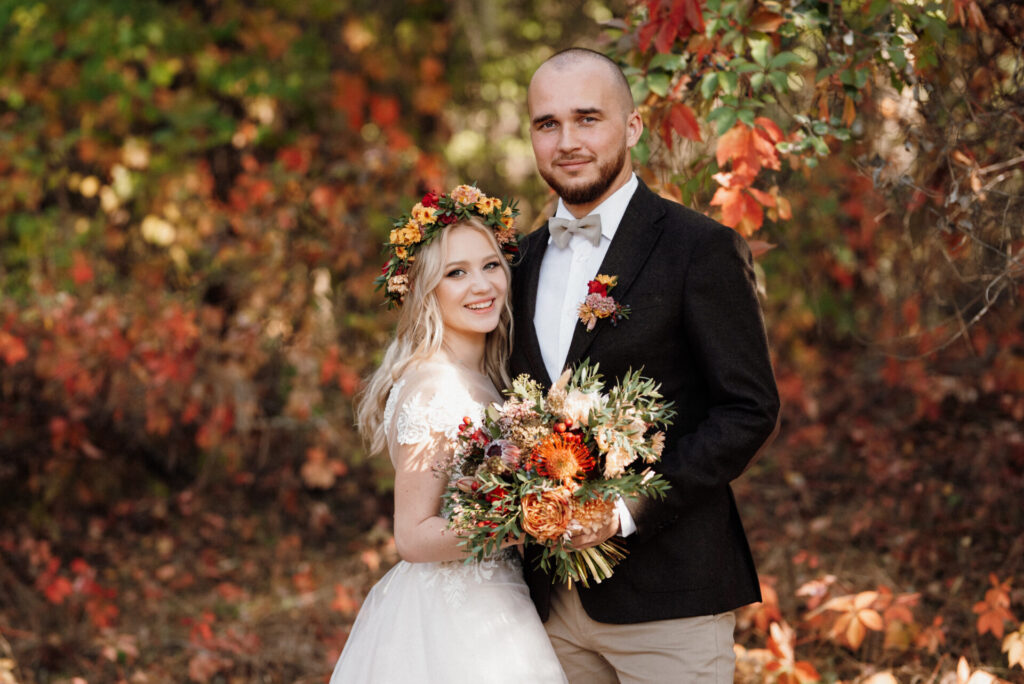 fall wedding bride and groom